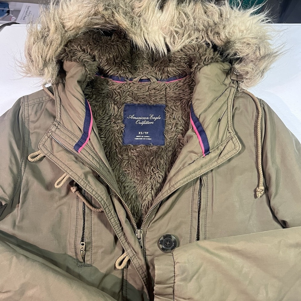 VTG American Eagle Women's Sherpa Lined‎ Heavy Utility Jacket XS Hood Faux Fur